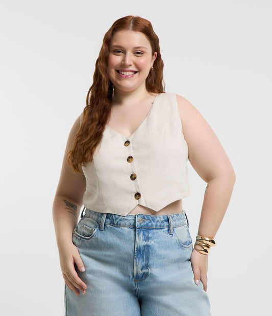 Colete curto em viscose e linho com efeito cru - Curve e Plus Size Bege Cru