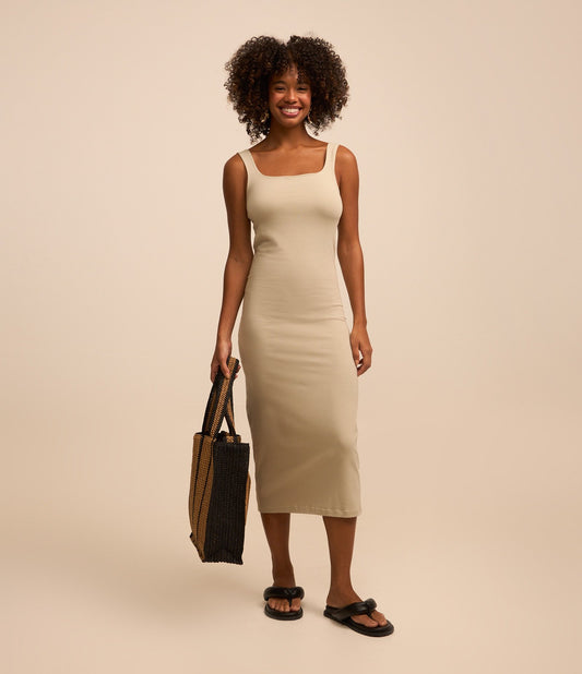 Vestito midi in cotone beige con scollo quadrato