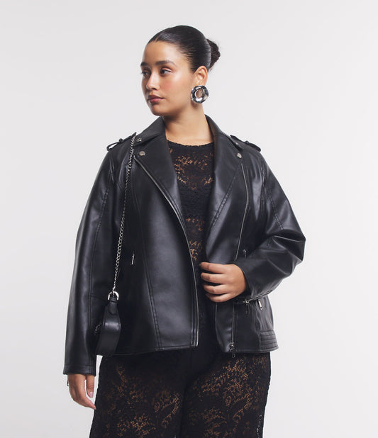 Giacca biker in materiale sintetico nero con cerniera diagonale, taglie forti e taglie forti