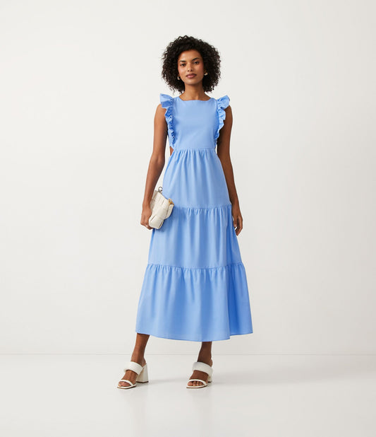Vestito midi in tricolore blu con maniche a balze