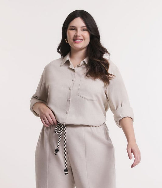 Camicia in lino con bottoni coperti, taglie forti e taglie forti, beige naturale