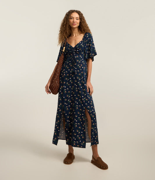 Vestido Midi de Viscose Floral Azul Novo