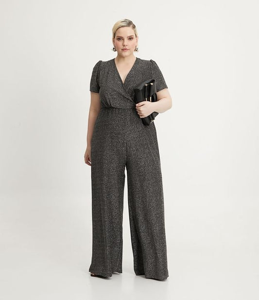 Macacão longo com fios metálicos e decote cruzado, Curve & Plus Size, preto