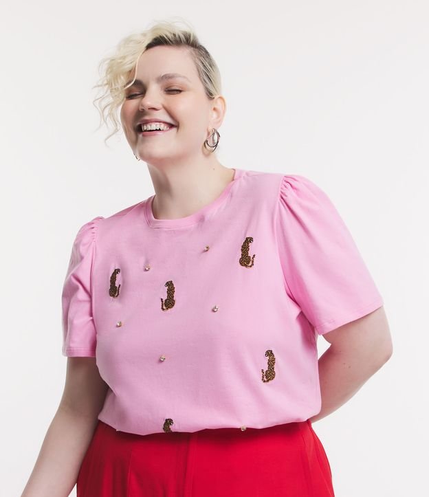 Blusa rosa de manga bufante em meia malha com bordado de leopardo - Curve & Plus Size