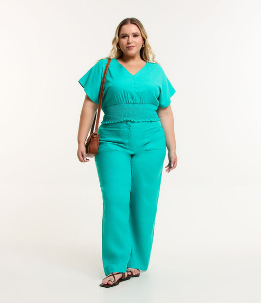 Pantalón recto de viscosa y lino con bolsillos delanteros, Curvas y tallas grandes, Verde turquesa