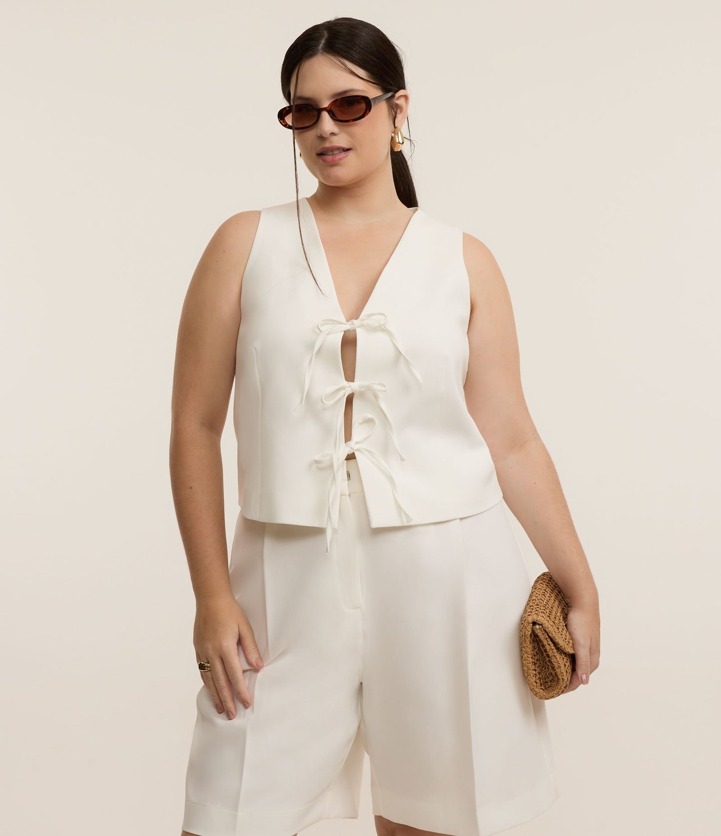 Gilet corto sartoriale con fiocchi, Curve e taglie forti, bianco