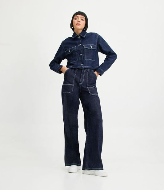 Jeans de cintura alta e pernas largas com costura visível em azul