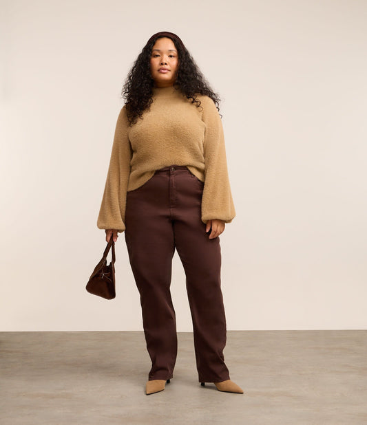 Calça de sarja com efeito de veludo de perna reta, Curve & Plus Size, marrom