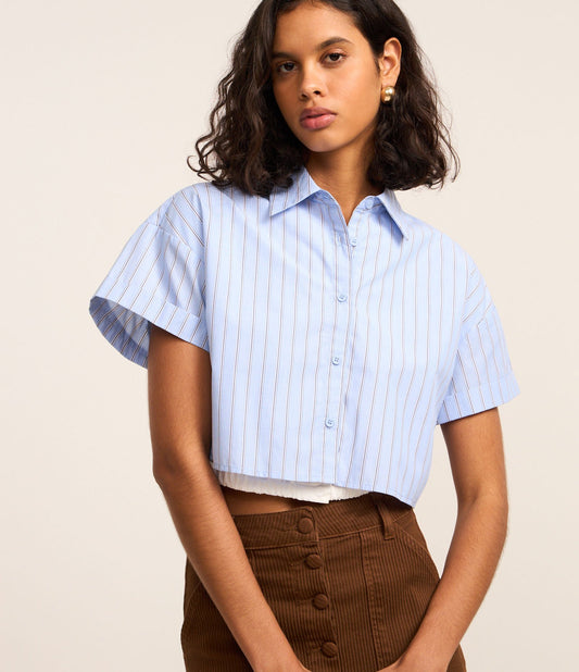Striped Blue Tricoline Cropped Shirt