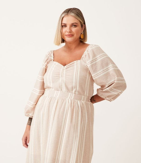 Blusa de algodão com mangas 3/4 e estampa de listras, Curve & Plus Size, Bege