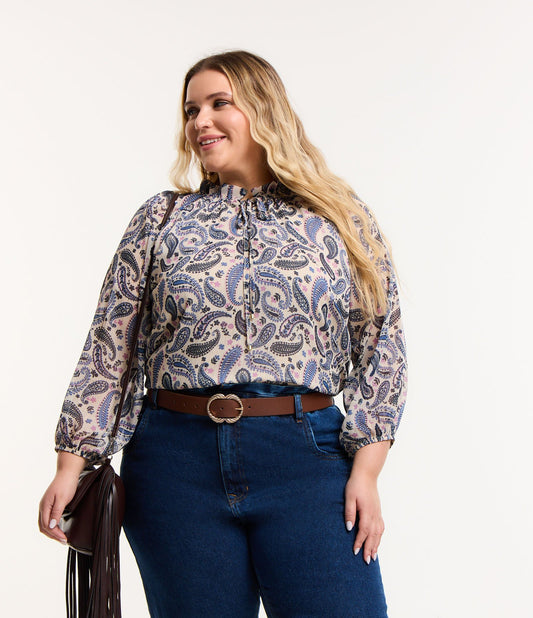 Camicetta in chiffon con stampa floreale Paisley, Curve e taglie forti, beige/blu