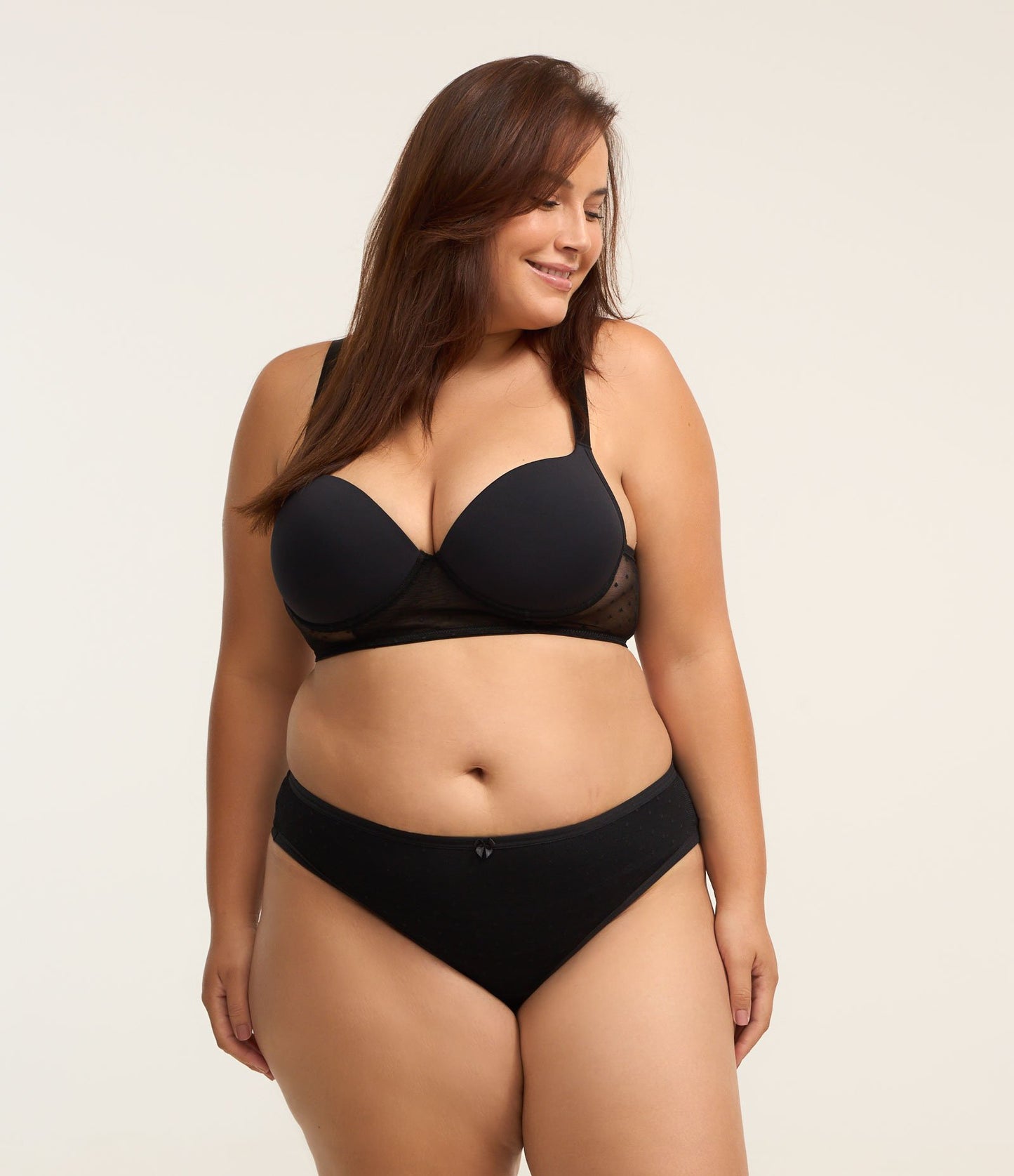 Calcinha biquíni preta de fio duplo com tule de bolinhas - Curve e Plus Size