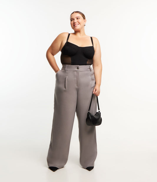 Calça Tailored de perna larga com botão Onyx, Curve & Plus Size, cinza