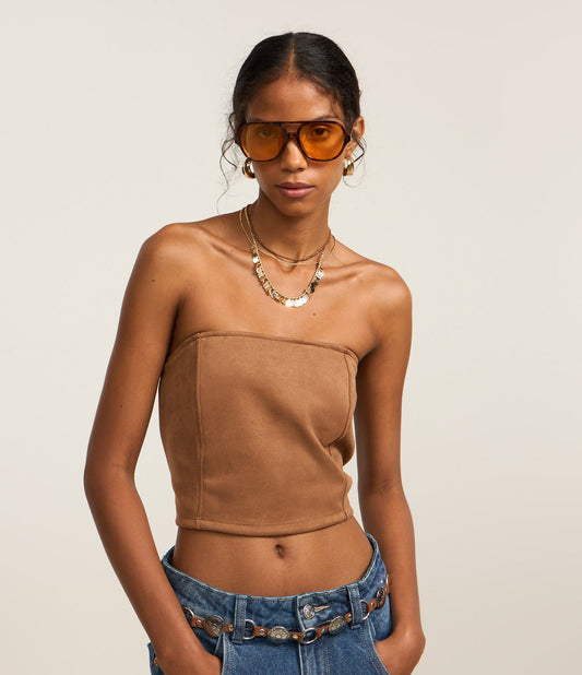 Brown Suede Corset Top with Smocked Back