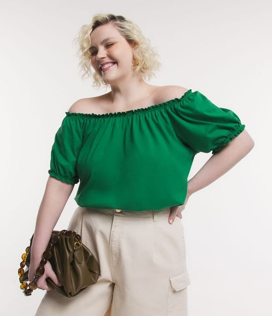 Camicetta verde con maniche corte e senza spalle in tessuto semi-magliato - Curve e taglie forti