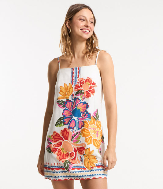 Vestido curto de viscose e linho com estampa floral branca