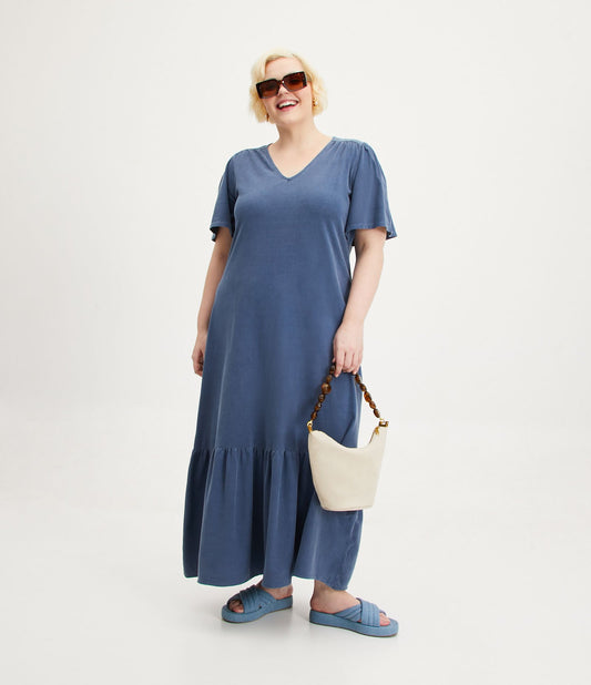 Vestito midi in cotone con scollo a V ed effetto lavato, Curve e taglie forti, blu
