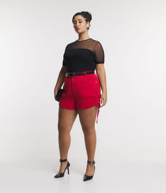 Pantalón Corto Rojo de Sarga Curve y Tallas Grandes con Detalle de Cordón Lateral