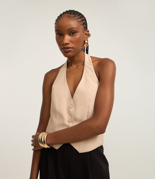 Top Halter Bege Sob Medida em Viscose com Costas Abertas