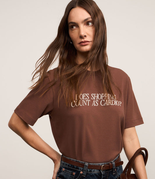 Brown Cotton T-Shirt with "Shopping as Cardio" Lettering