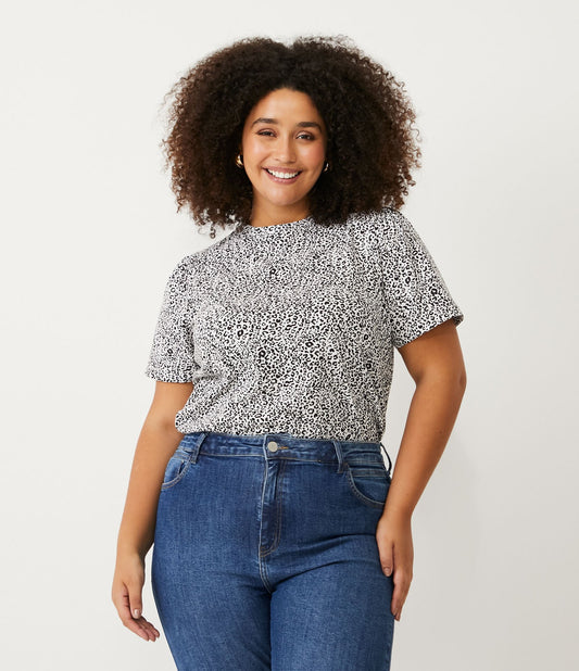 Blusa preta de manga bufante e meia malha com estampa animal de leopardo - Curve & Plus Size