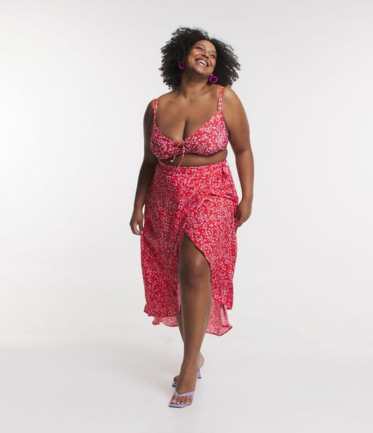 Falda Midi de Viscosa con Envoltura Delantera y Estampado Liberty, Curvas y Tallas Grandes, Roja
