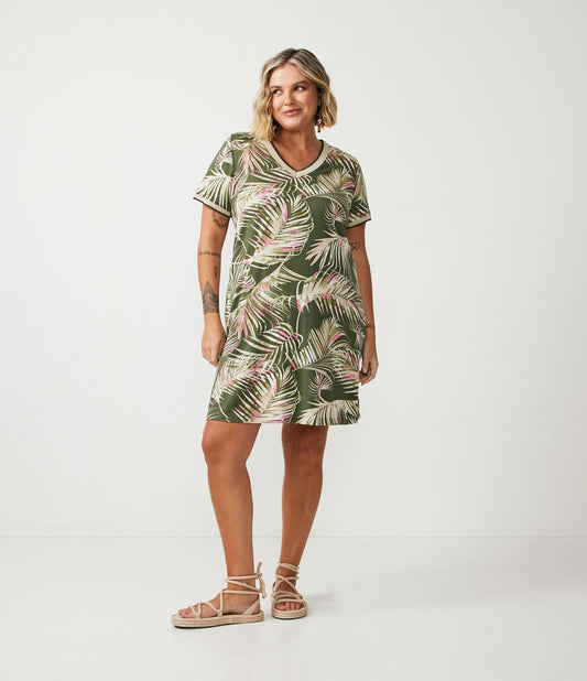 Vestito in viscosa verde con stampa a foglie, taglie forti e taglie forti