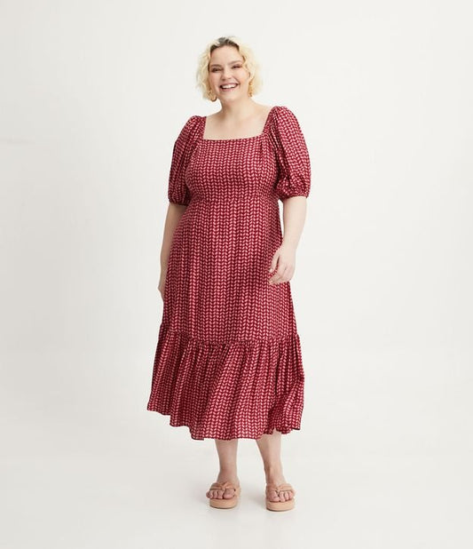 Vestido midi em viscose com estampa abstrata, Curve & Plus Size, vermelho