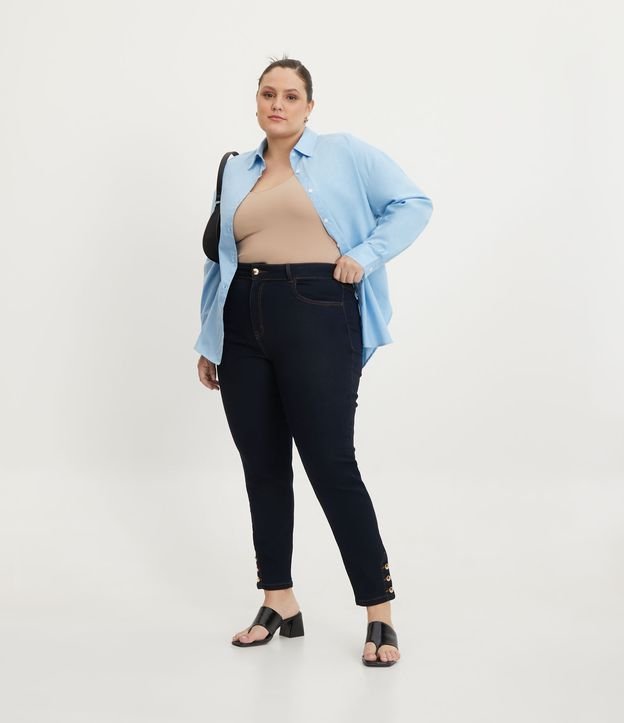 Vaqueros pitillo con dobladillo abotonado, Curvas y tallas grandes, Azul marino