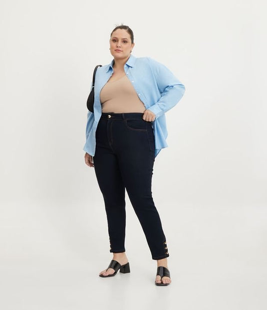 Vaqueros pitillo con dobladillo abotonado, Curvas y tallas grandes, Azul marino