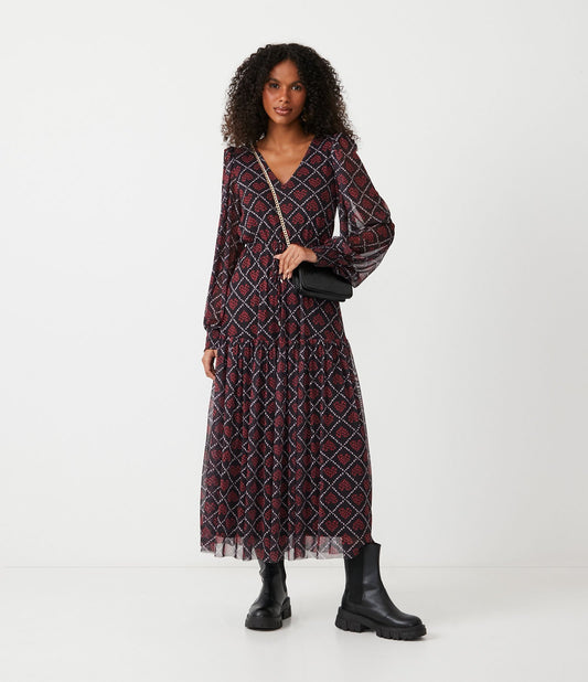 Vestito lungo in tulle con stampa a cuore nero
