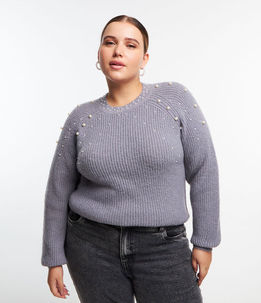 Maglione in maglia grigia con accenti di perle - Curve e taglie forti