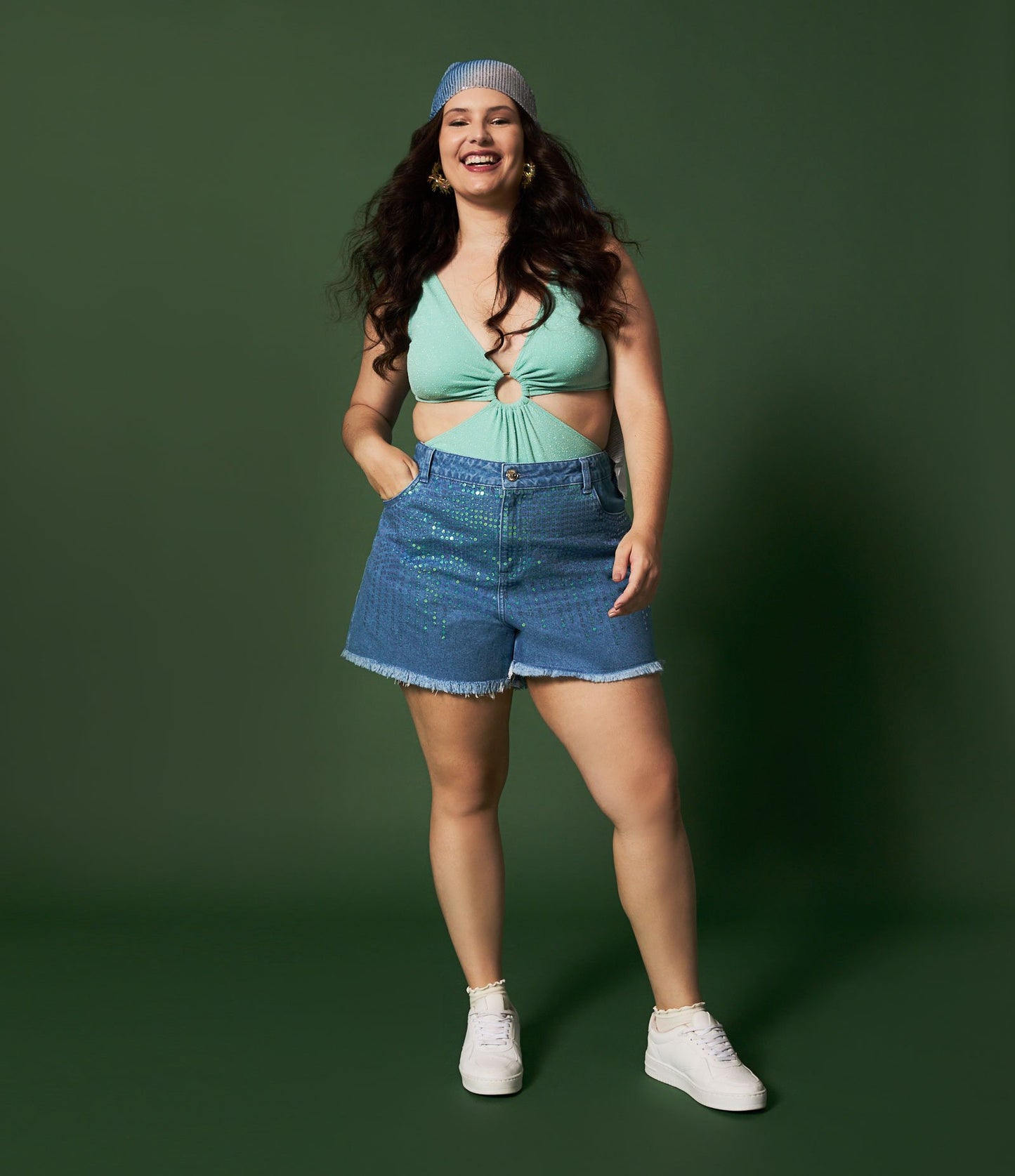 Pantaloncini di jeans con lustrini iridescenti - Curve e taglie forti - Blu