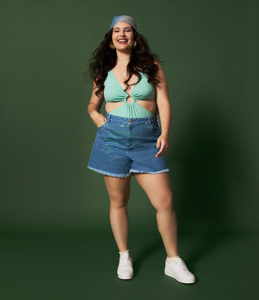 Pantaloncini di jeans con lustrini iridescenti - Curve e taglie forti - Blu