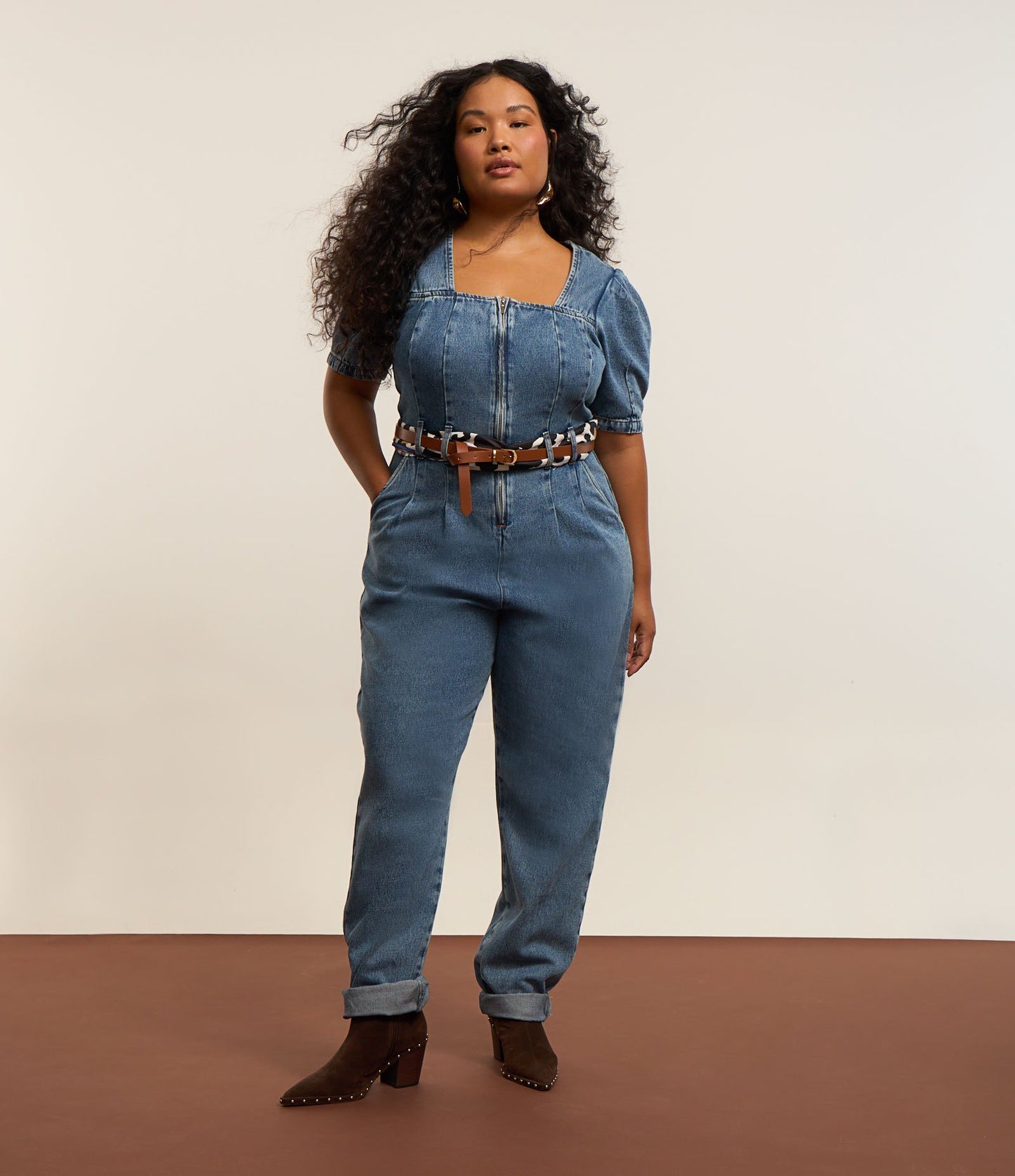 Macacão jeans longo com mangas bufantes, Curve & Plus Size, azul