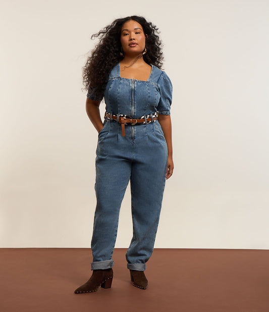 Macacão jeans longo com mangas bufantes, Curve & Plus Size, azul