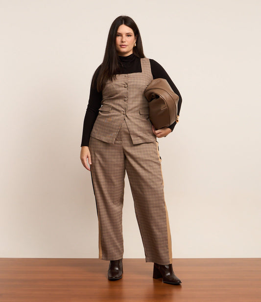 Pantaloni sartoriali a gamba tesa con stampa pied-de-poule, Curve e taglie forti, marrone