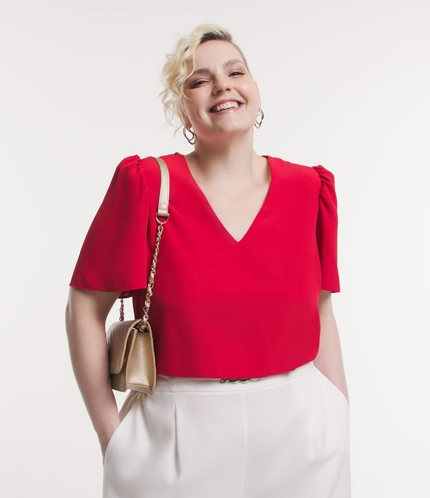 Blusa de crepe com decote em V e mangas bufantes, Curve & Plus Size, vermelho