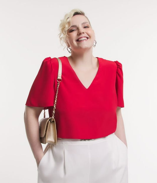 Blusa de crepe com decote em V e mangas bufantes, Curve & Plus Size, vermelho