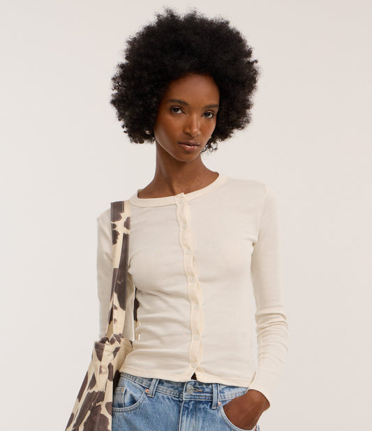 Cardigã Canelado com Botões Frontais em Off White