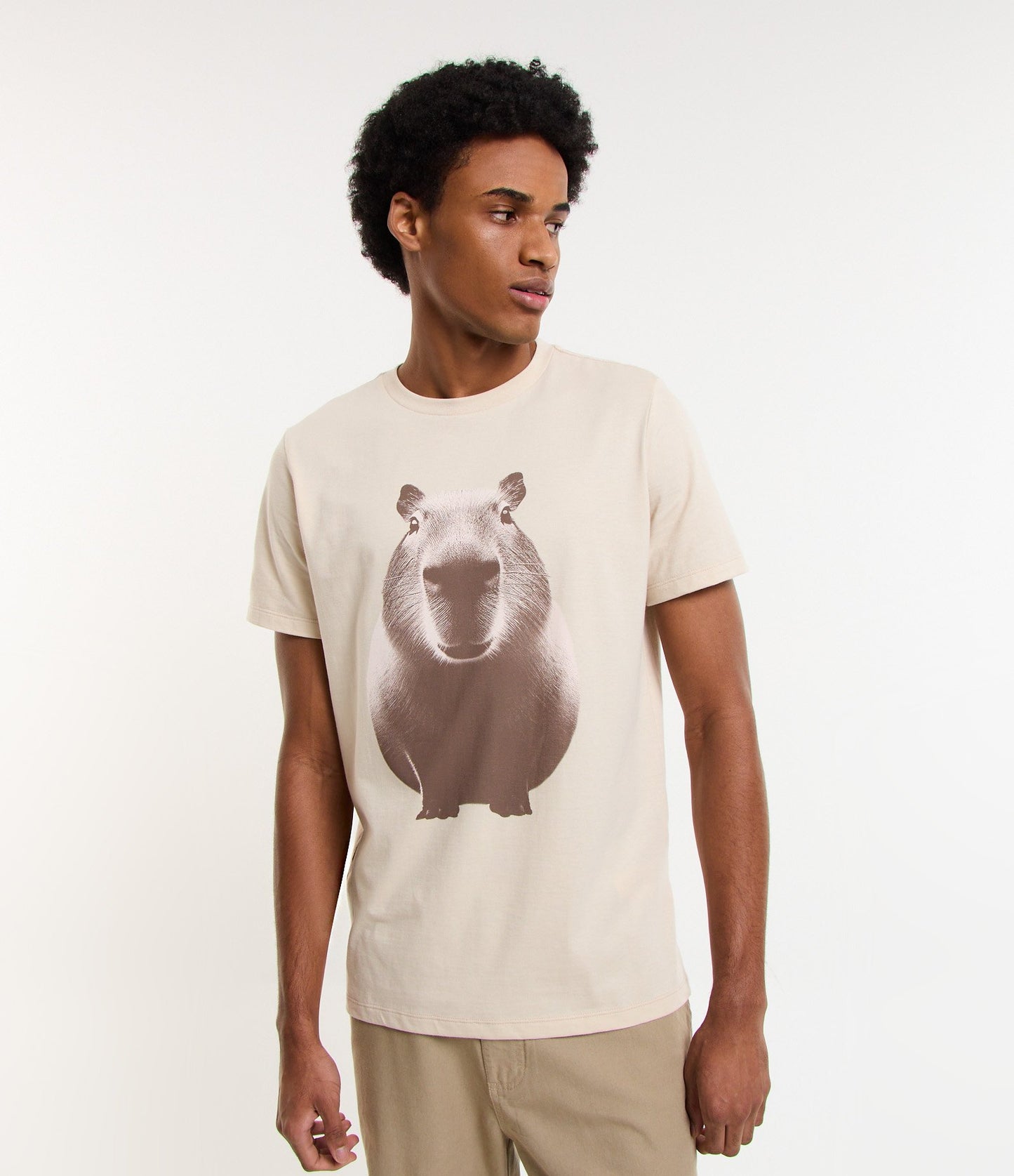 Regular Fit Cotton T-Shirt with Beige Capybara Print