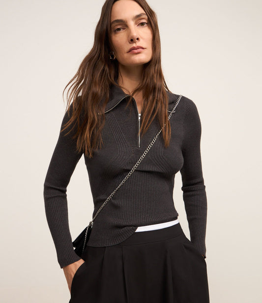 Textured Knit Sweater with Polo Collar and Black Zipper