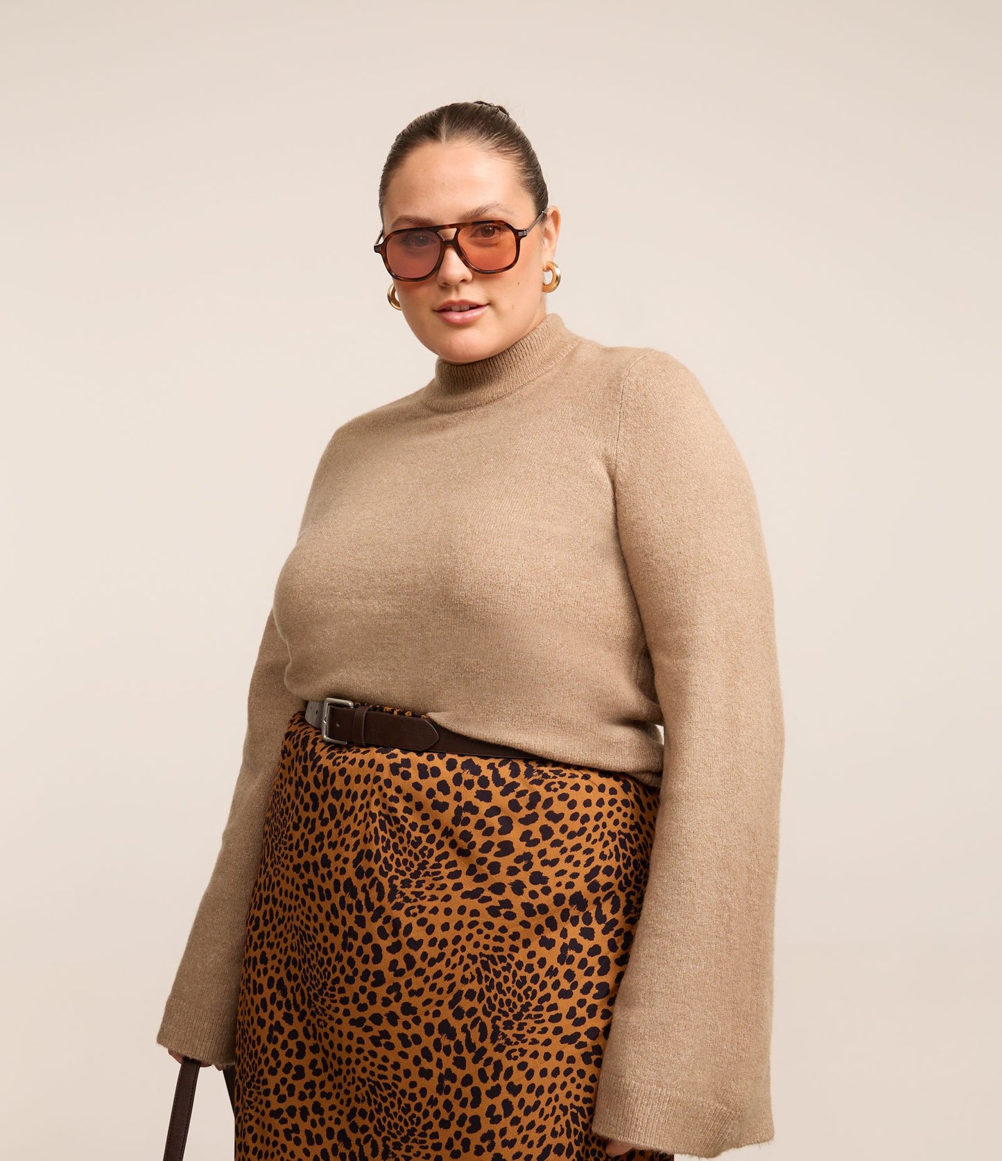 Jersey de Punto Ligero con Cuello y Mangas Acampanadas, Tallas Curvas y Grandes, Beige