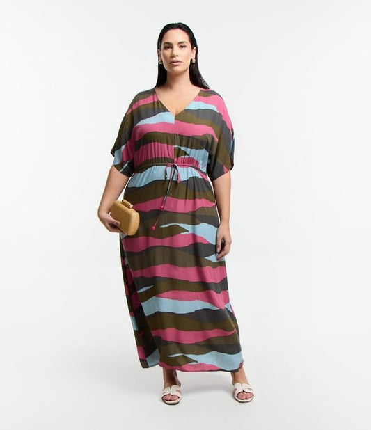 Vestito midi con stampa astratta e dettaglio cravatta, Curve e taglie forti, Multicolore