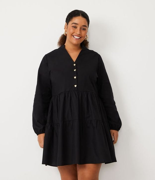 Vestido curto de tricoline com botões de coração, Curve & Plus Size, preto