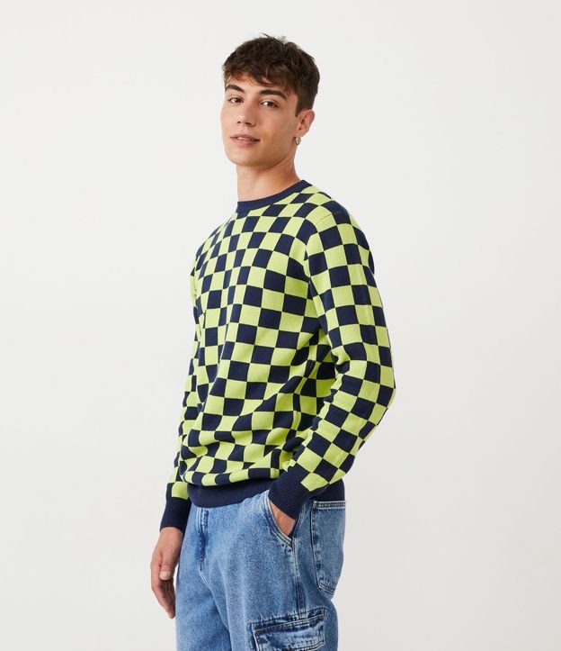 Suéter de algodão xadrez azul escuro de ajuste regular com punhos ajustados