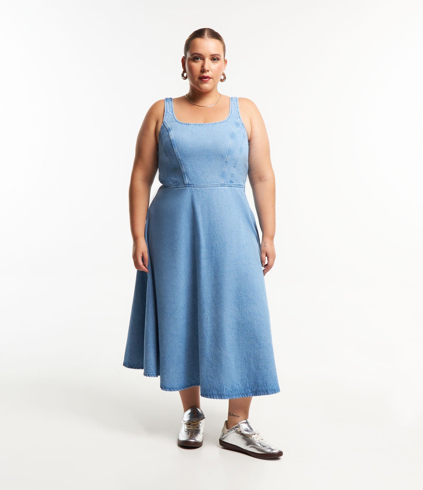 Midi Denim Dress with Flared Skirt, Curve & Plus Size, Blue Denim