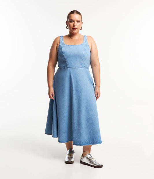 Vestido Midi Denim com saia larga, Curve & Plus Size, Blue Denim
