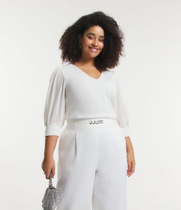 Camicetta in tessuto bianco con maniche a sbuffo a 3/4 - Curve e taglie forti