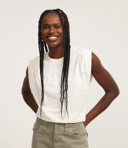 Blusa de Algodão sem Mangas com Detalhe Franzido no Ombro em Off-White